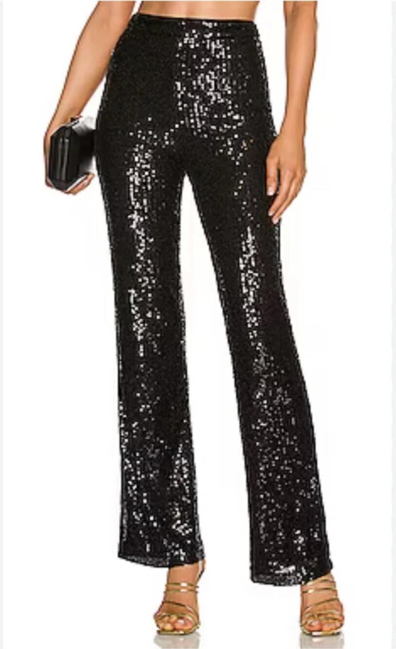 NEW House of Harlow Sequin Pants Womens 6 Black Straight Pull-On Festive Party